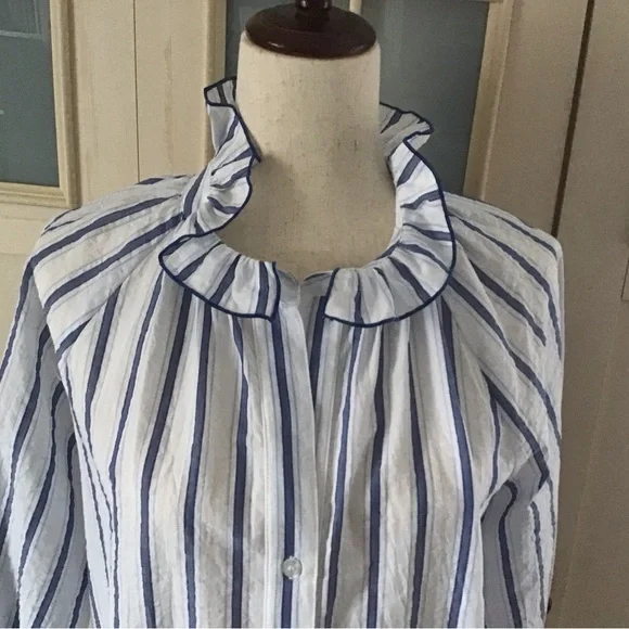 Finley Fiona Ruffle High Neck Blouse Blue/White Striped XS 100% Cotton - Picture 1 of 10